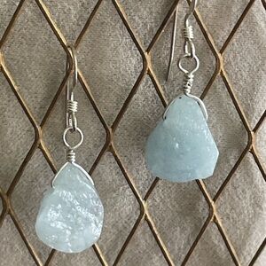 Natural Aquamarine Earrings Sterling Silver Wire Wrapped Raw Gemstones –Handmade